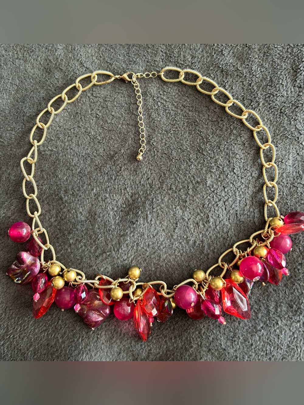 Gold Chain Necklace with Fuchsia and gold Bead Charms